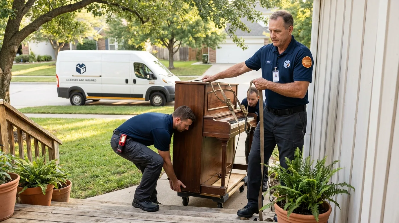 Licensed piano movers securing grand piano in Stanley, VA